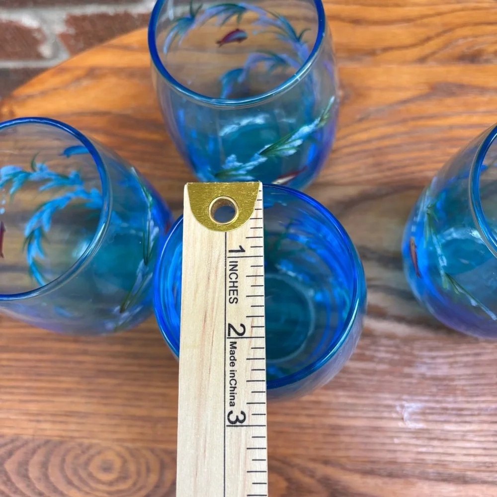 Hand-painted stemless wine water blue glasses with marine design Set of 4